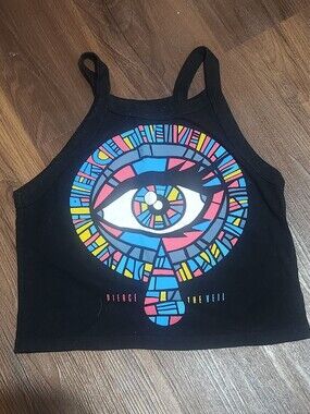 Black Cropped Tank Top with Multicolor Mosaic Eye Graphic